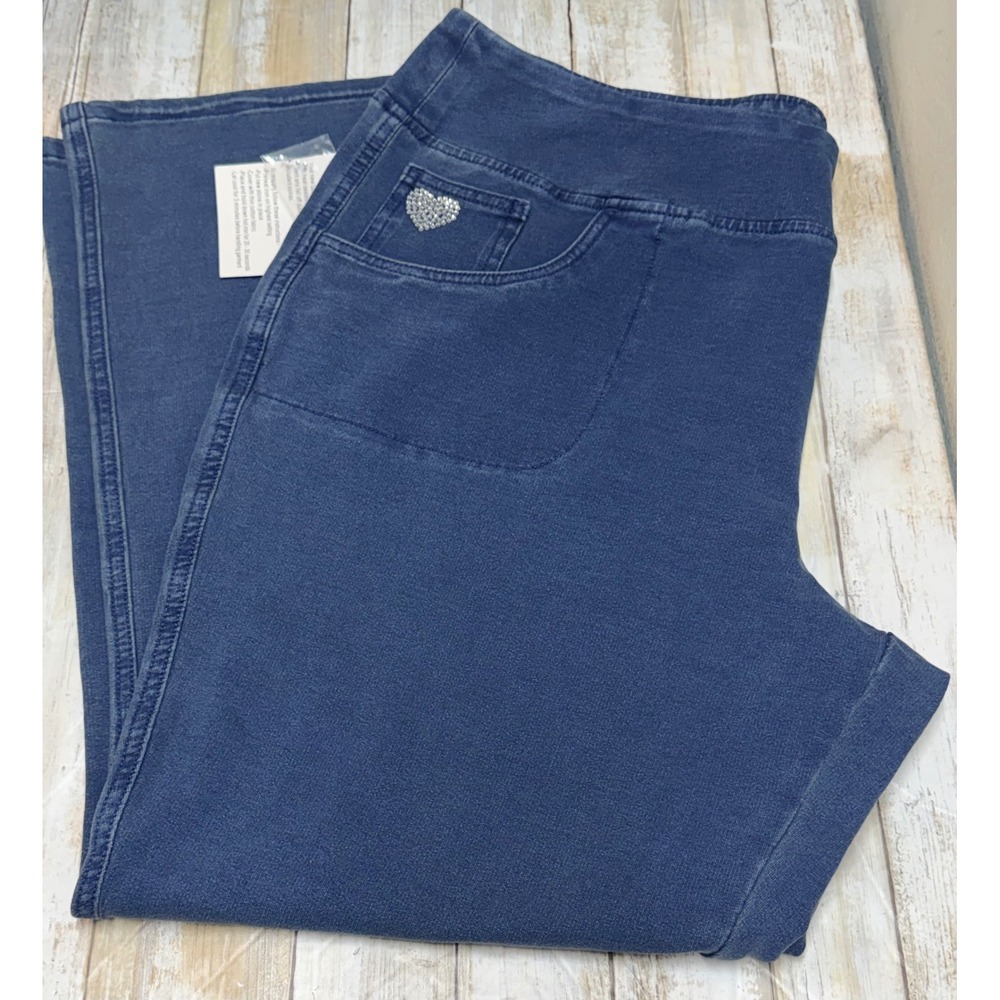 Quacker Factory DreamJeannes Blue Denim Rhinestone Heart‎ Pull On Pants XL Short